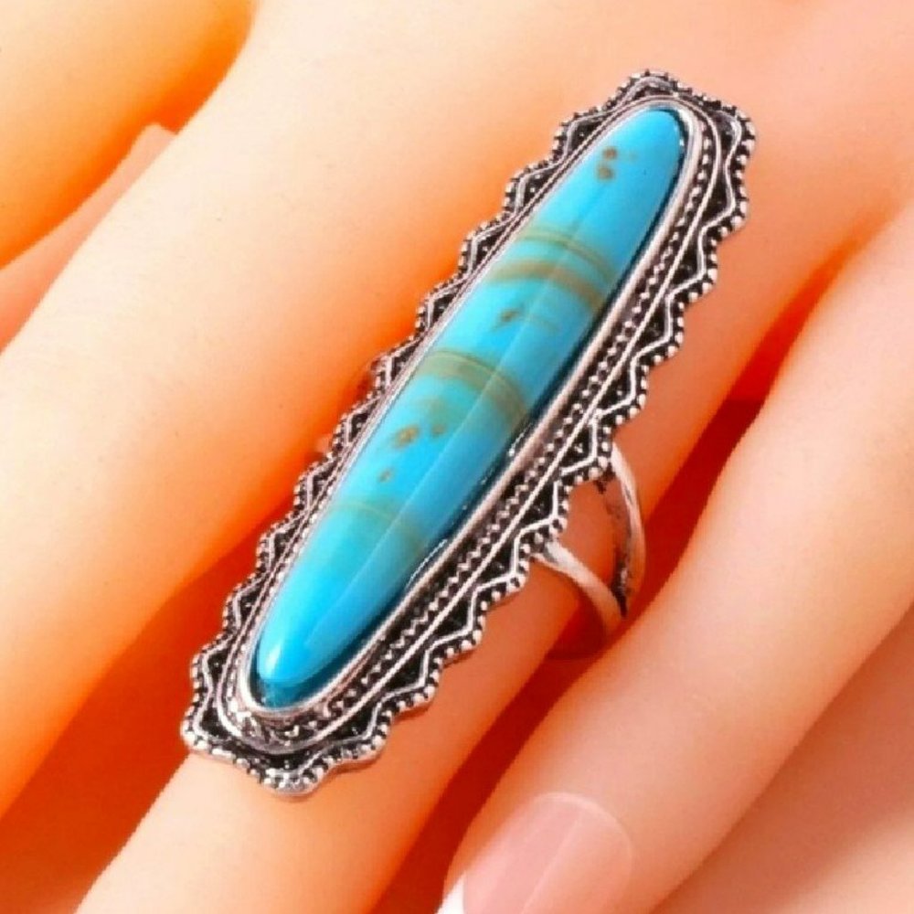Long Vintage Blue Turquoise Antique Silver Ring - Picture 8 of 9